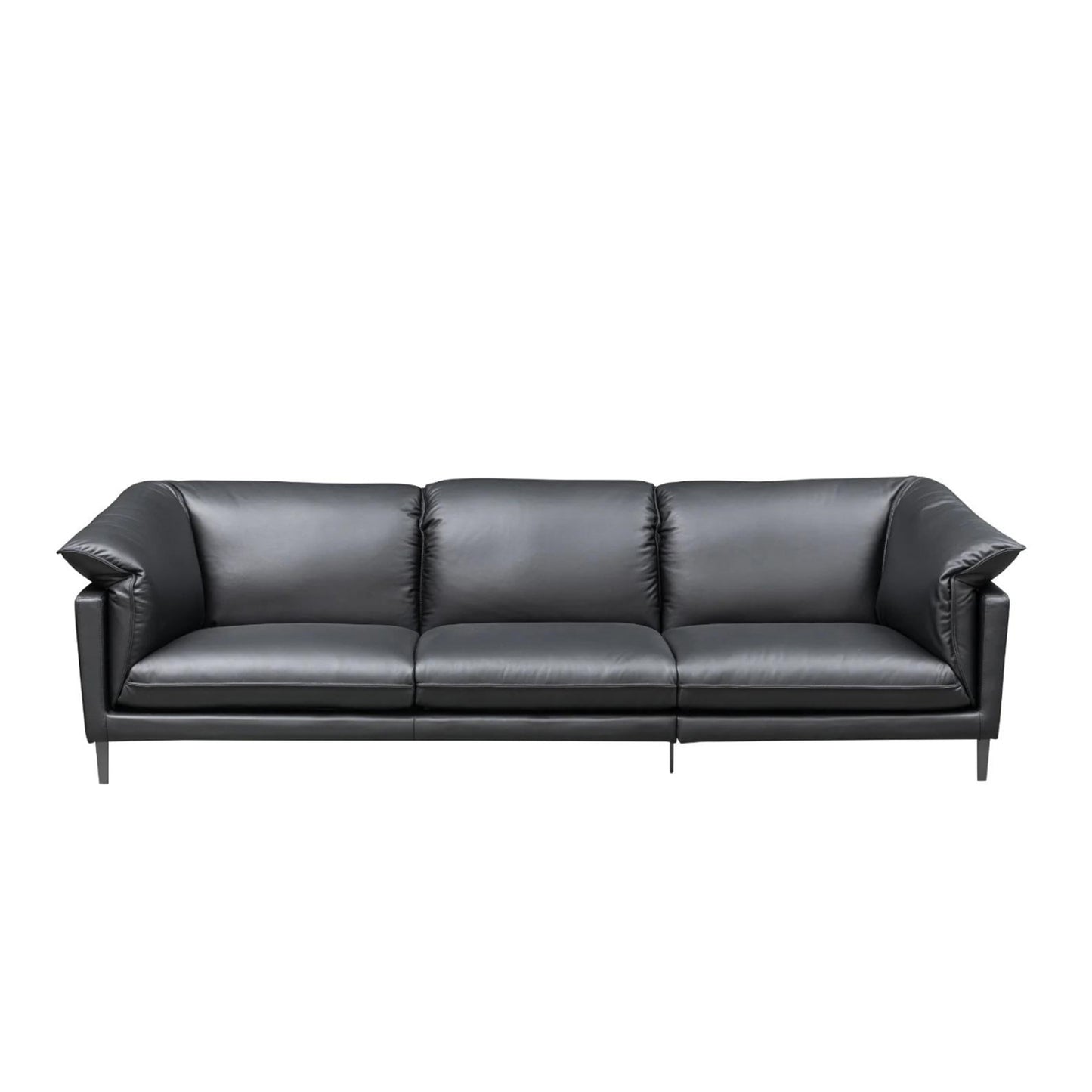 Front view of Klaussner Dolce black leather sofa showing premium Italian leather upholstery and sophisticated stitching details for Comfort Design Furniture