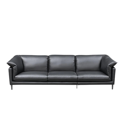 Front view of Klaussner Dolce black leather sofa showing premium Italian leather upholstery and sophisticated stitching details for Comfort Design Furniture