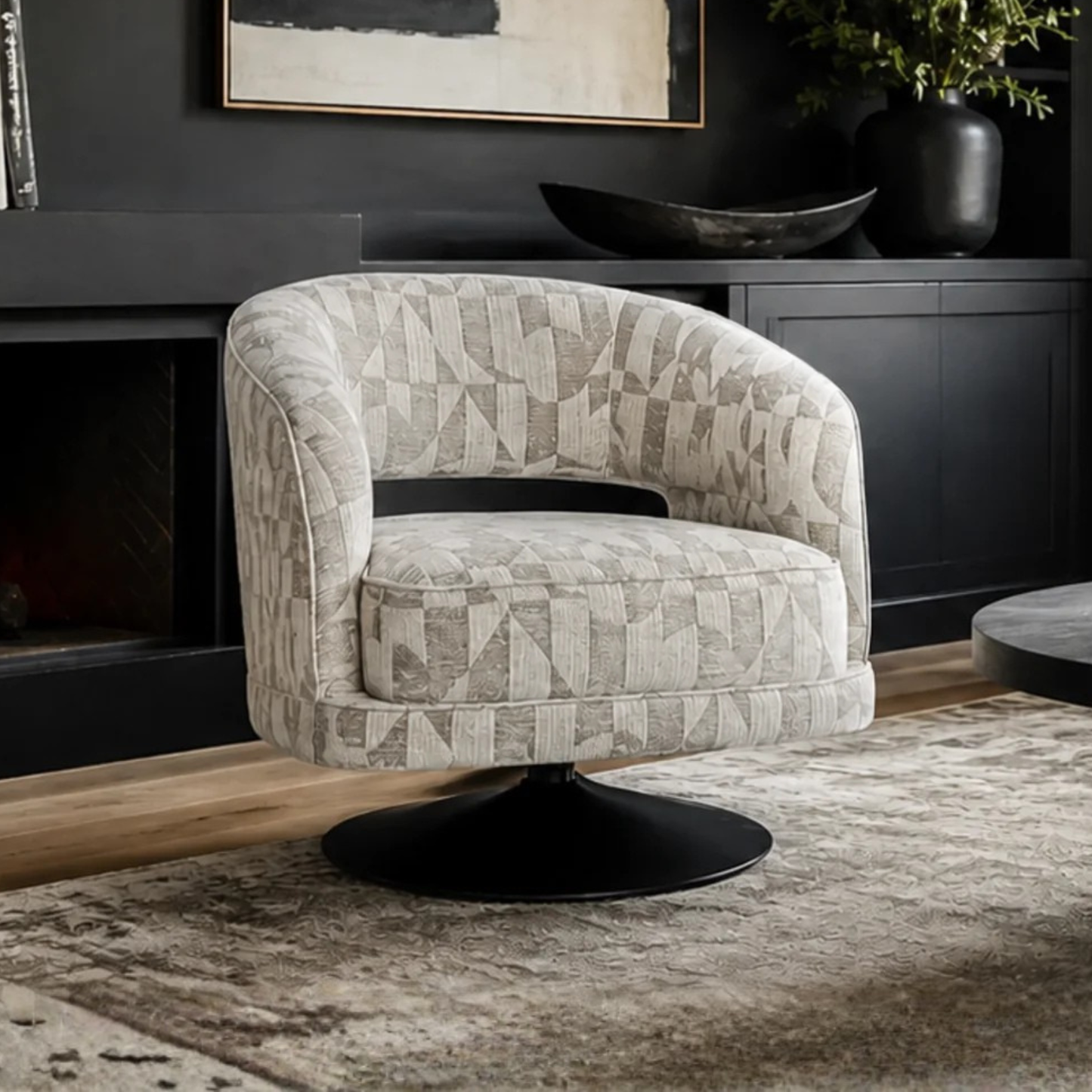Klaussner Fallon Geometric Fabric Swivel Barrel Chair