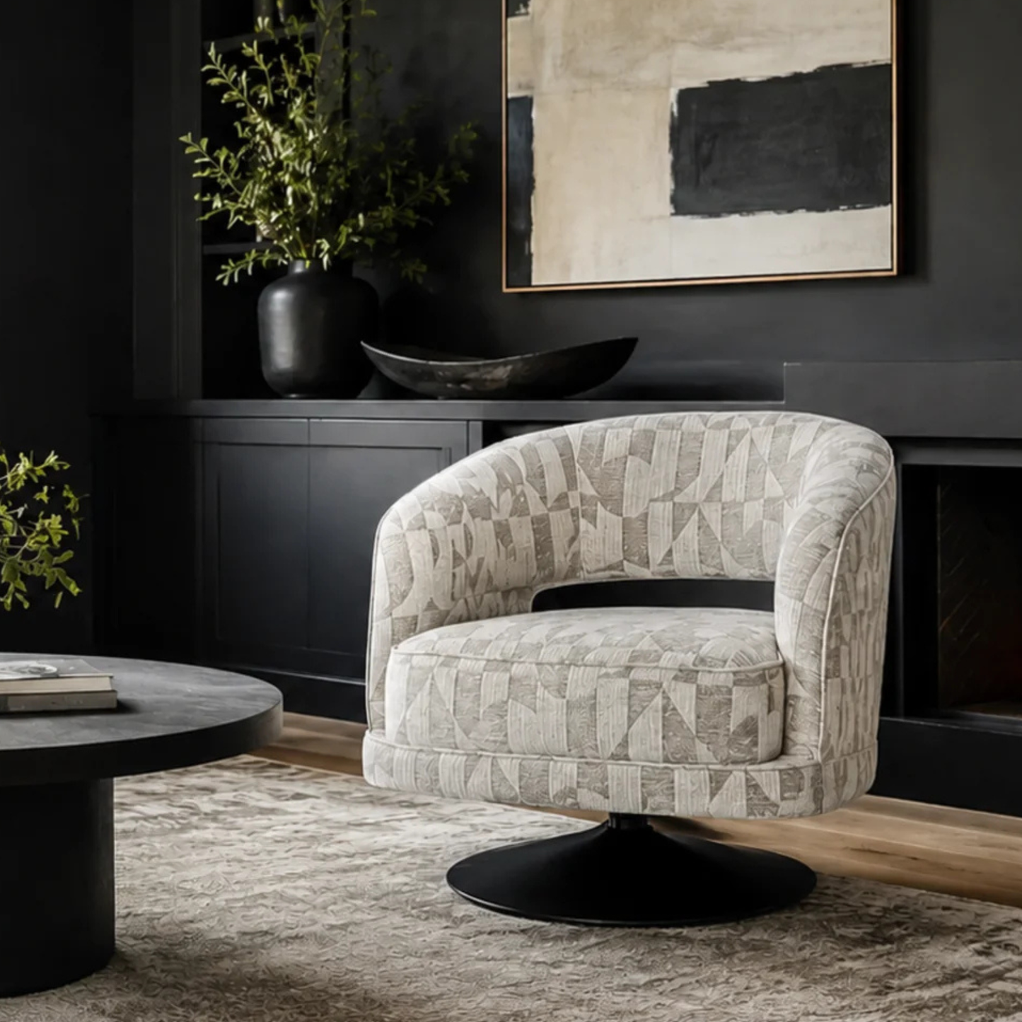 Klaussner Fallon Geometric Fabric Swivel Barrel Chair