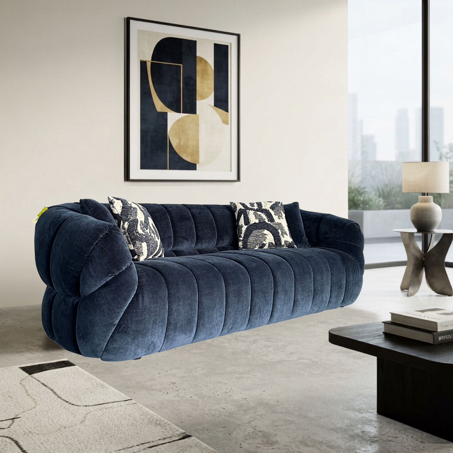 Klaussner Ferrara Blue Fabric Sofa with Channel-Tufted Back