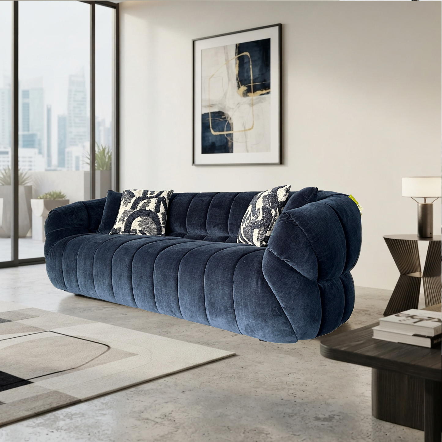 Klaussner Ferrara Blue Fabric Sofa with Channel-Tufted Back
