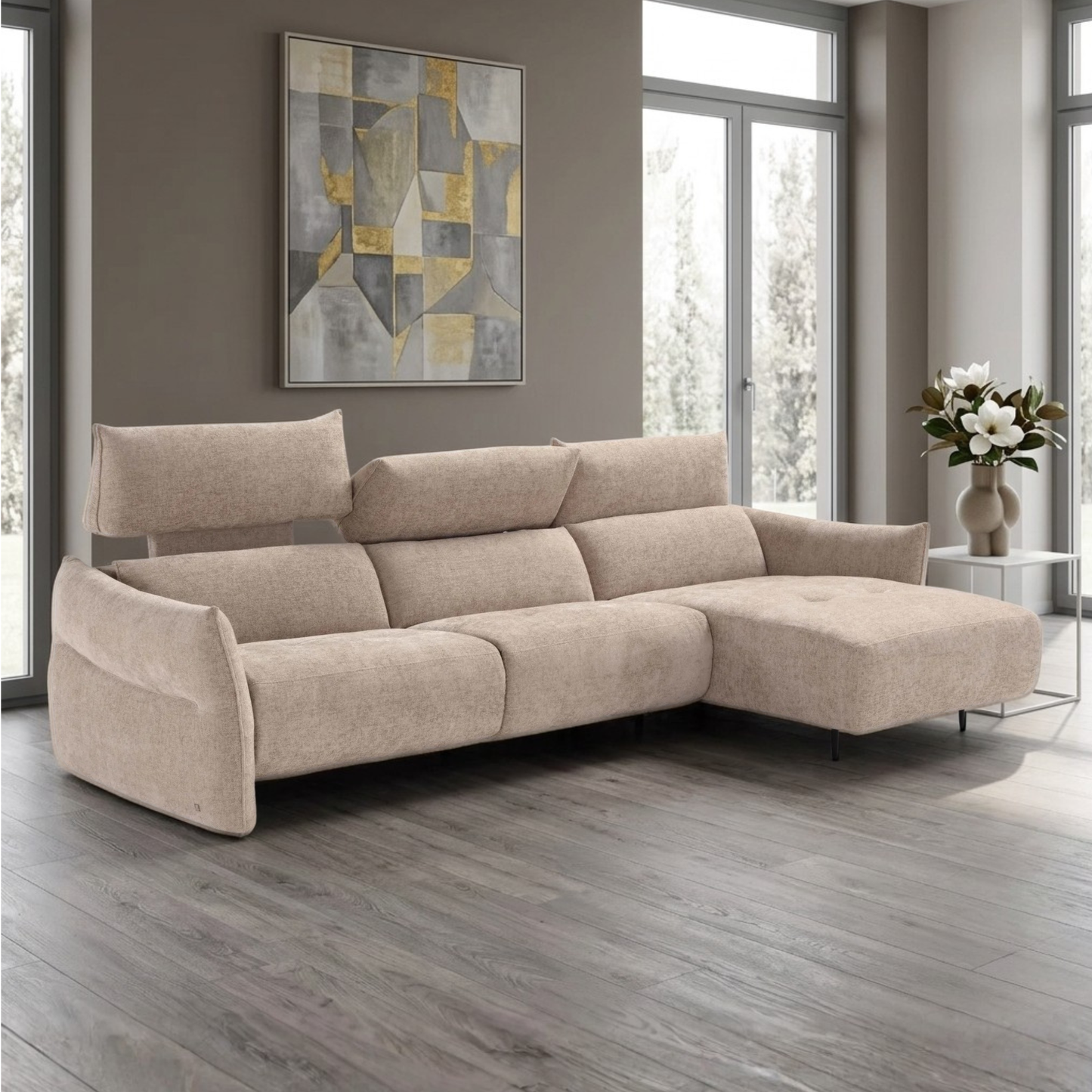 Klaussner Luminara L-Shape Beige Fabric Power Recliner Sectional Sofa