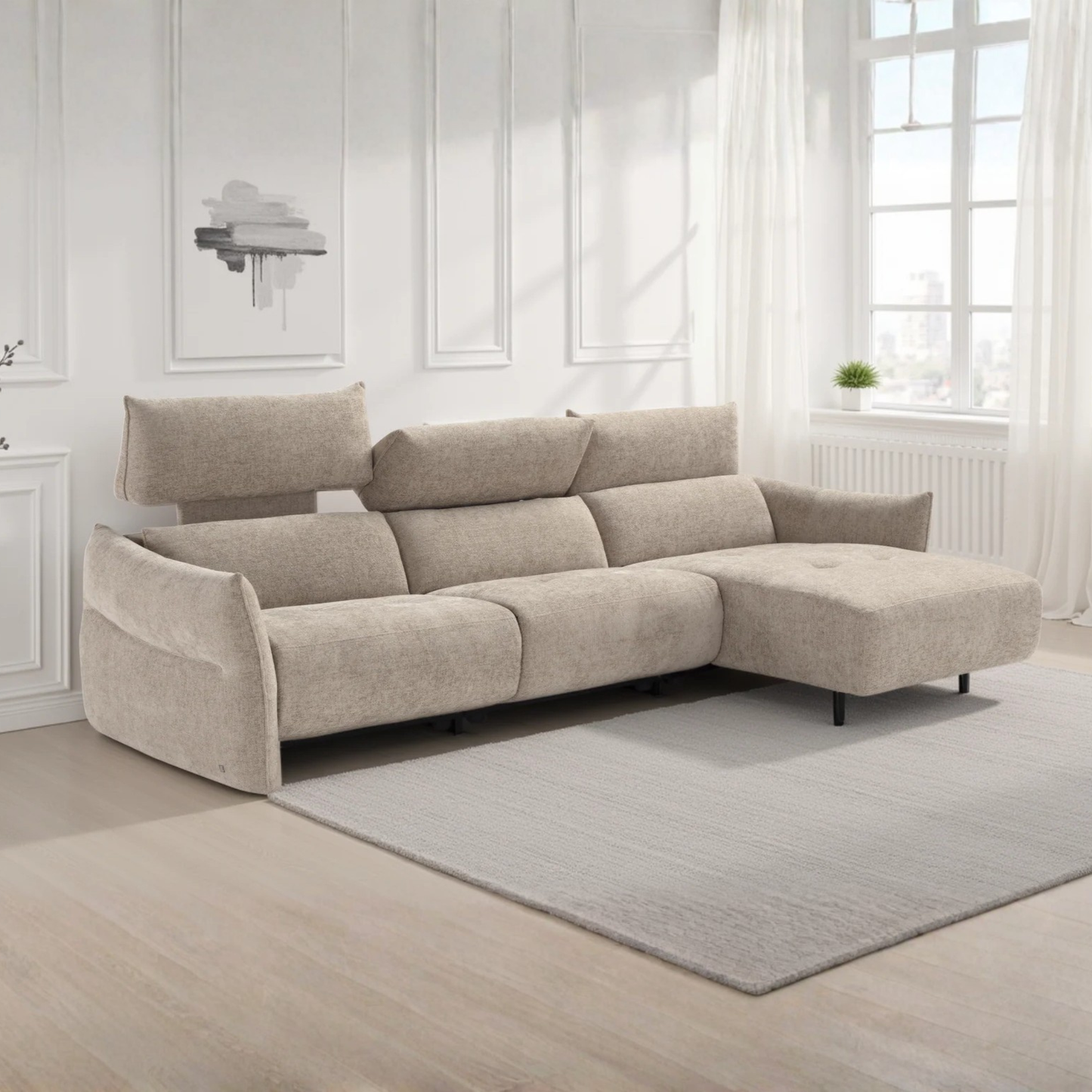 Klaussner Luminara L-Shape Beige Fabric Power Recliner Sectional Sofa