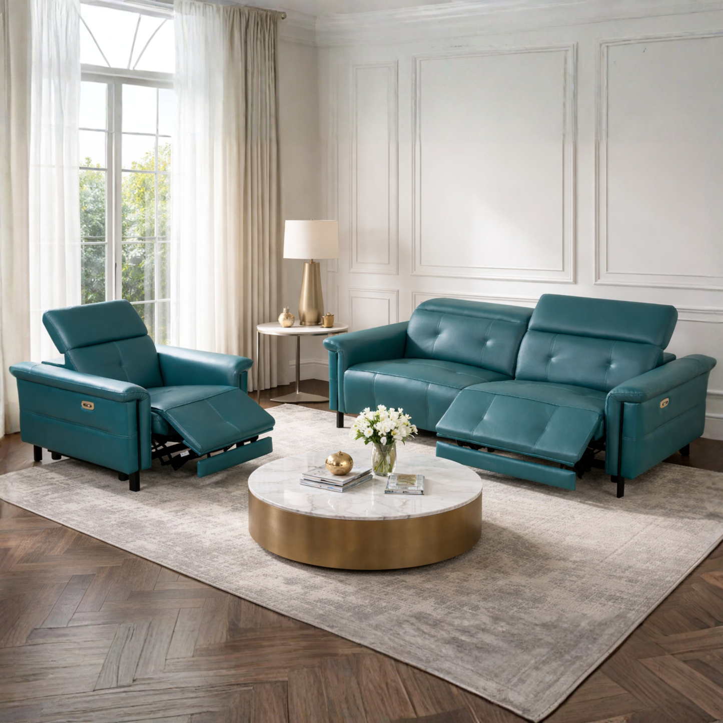 Klaussner Oliviana Green Leather Power Motion Recliner Sofa Set