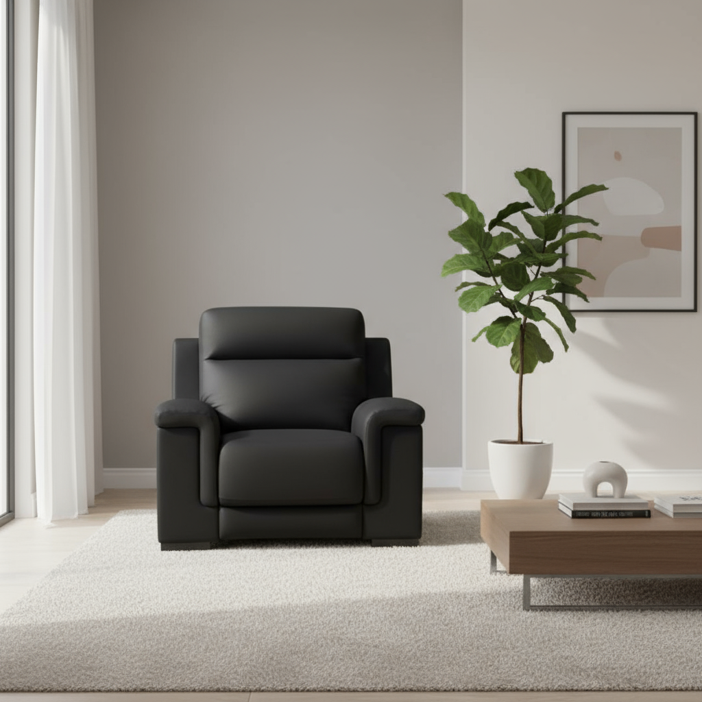 Styled in modern living room setting with neutral decor, fiddle leaf fig plant, and contemporary coffee table for comfort design furniture