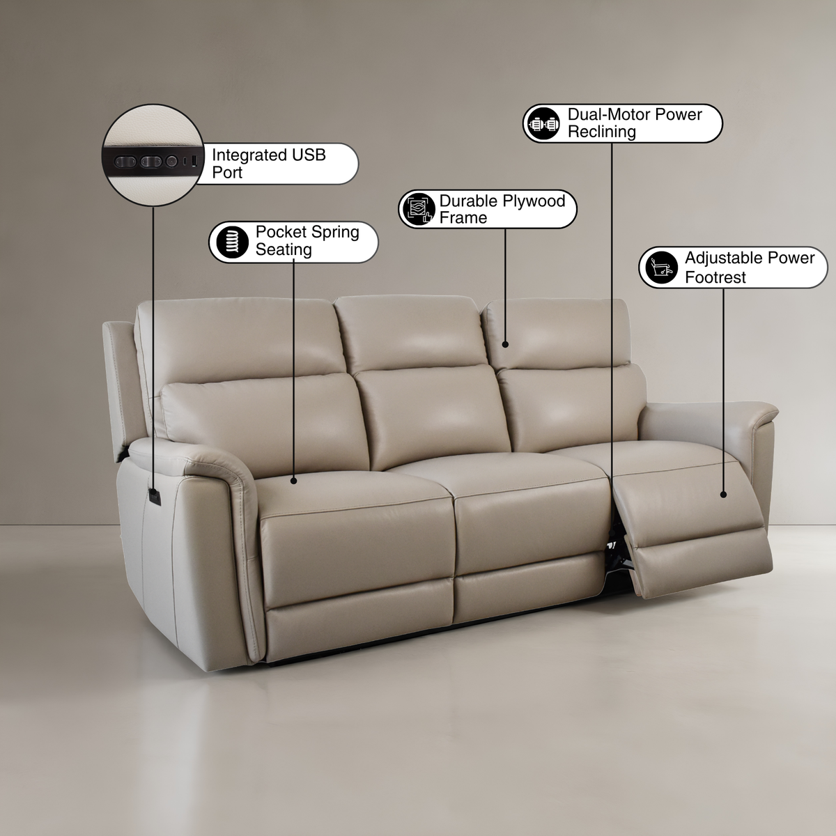 Klaussner Arvello Leather Power Reclining Sofa with USB & USB-C-Comfort Design Furniture