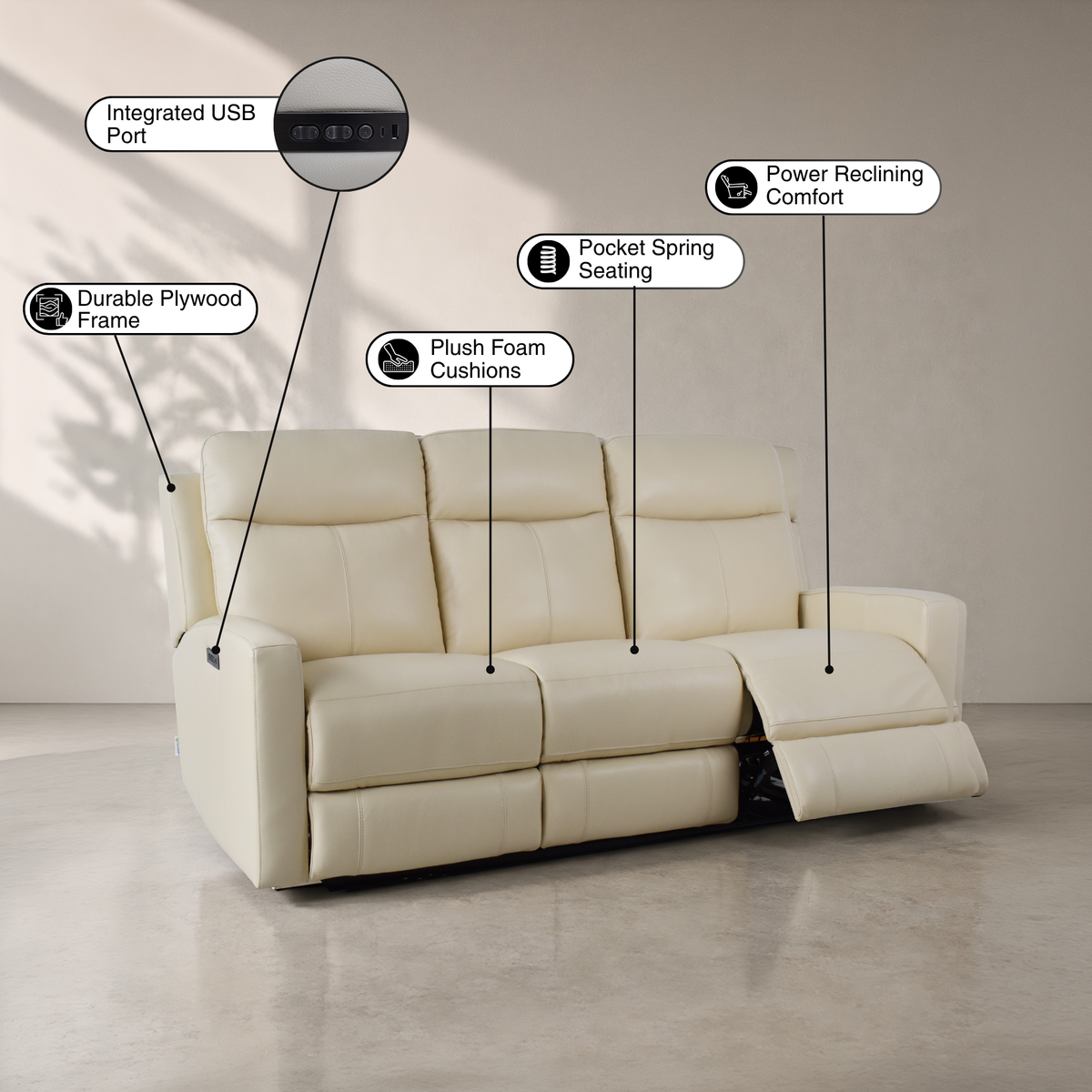 Klaussner Brento Leather Match Power Reclining Sofa with USB Charging-Comfort Design Furniture