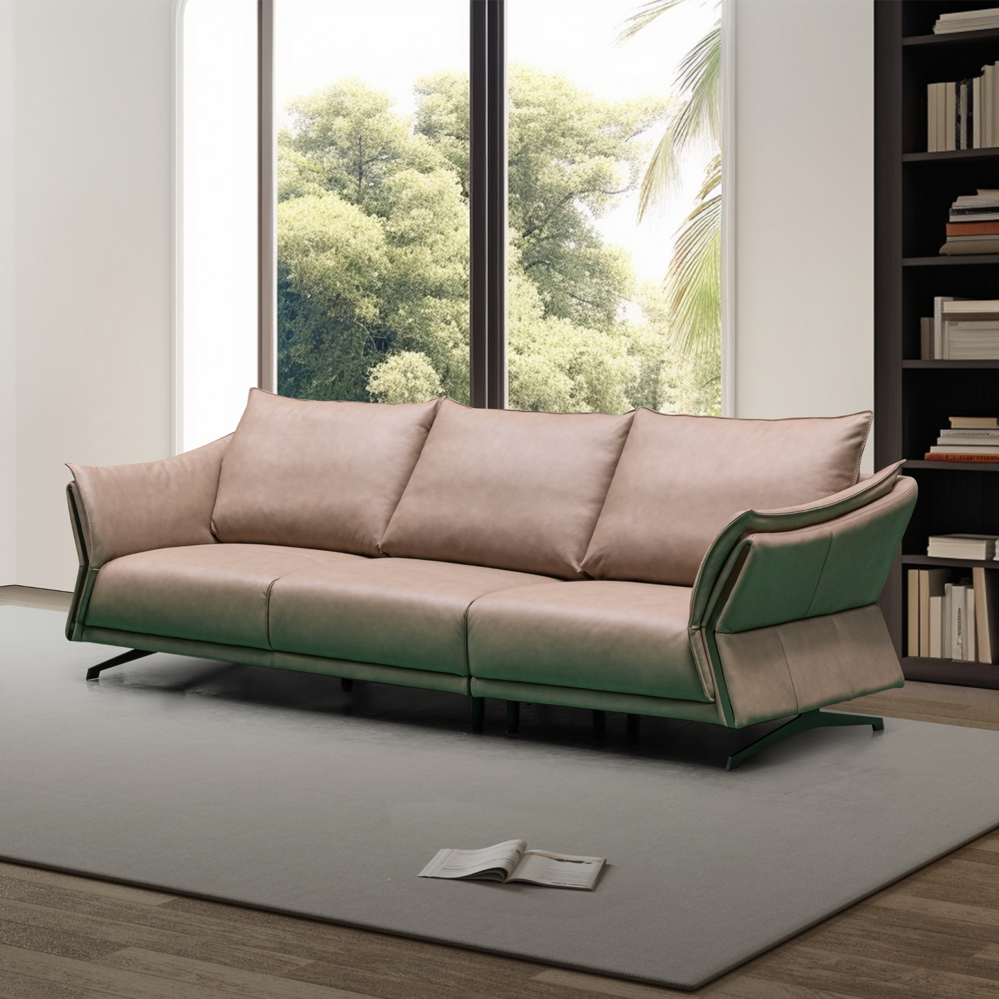 Elegant Klaussner Giada 3-seater sofa in brown leather featuring modern curved armrests, plush cushions, and set in a cozy living room with a soft beige rug.