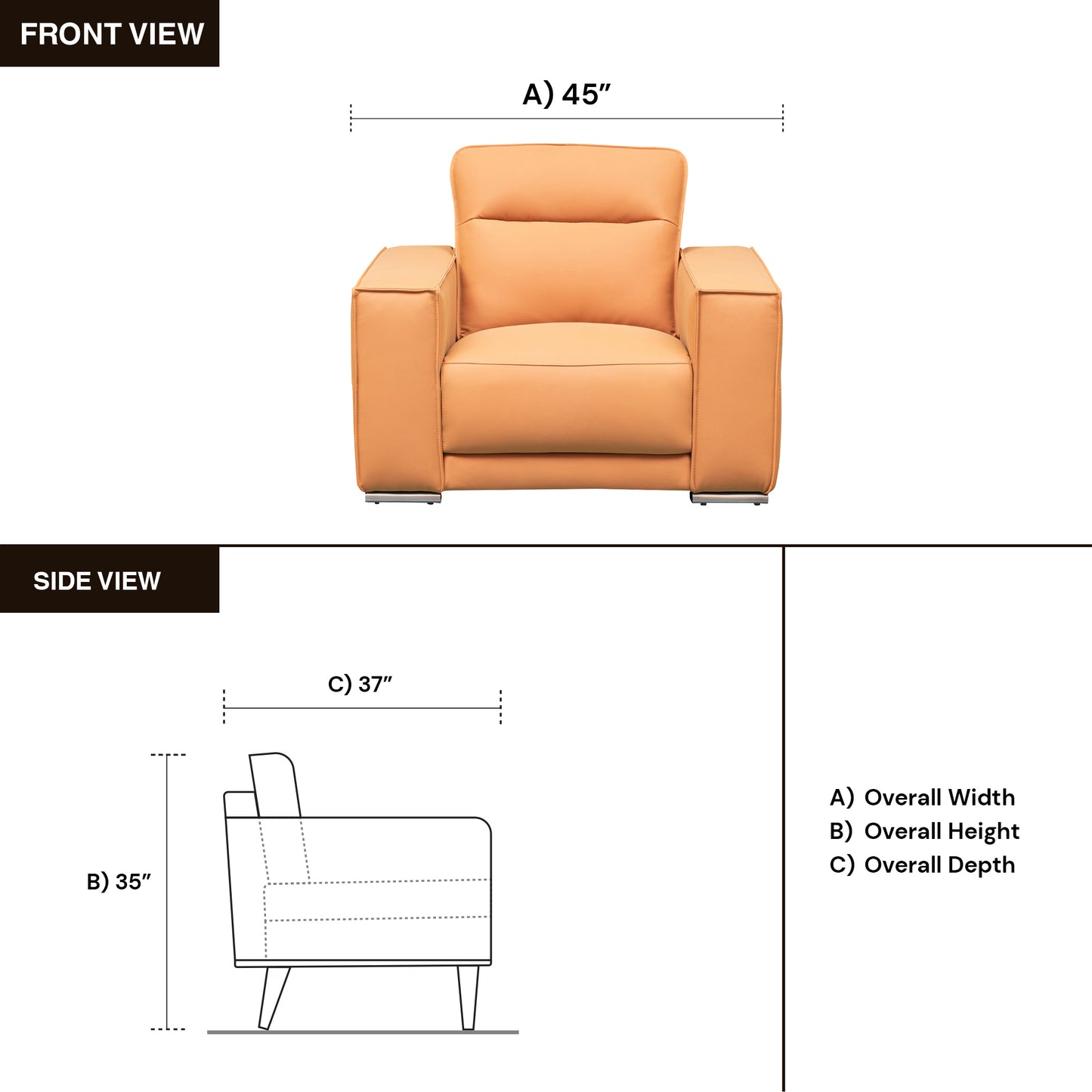 Klaussner Grazia Orange Leather Chair with Track Arms