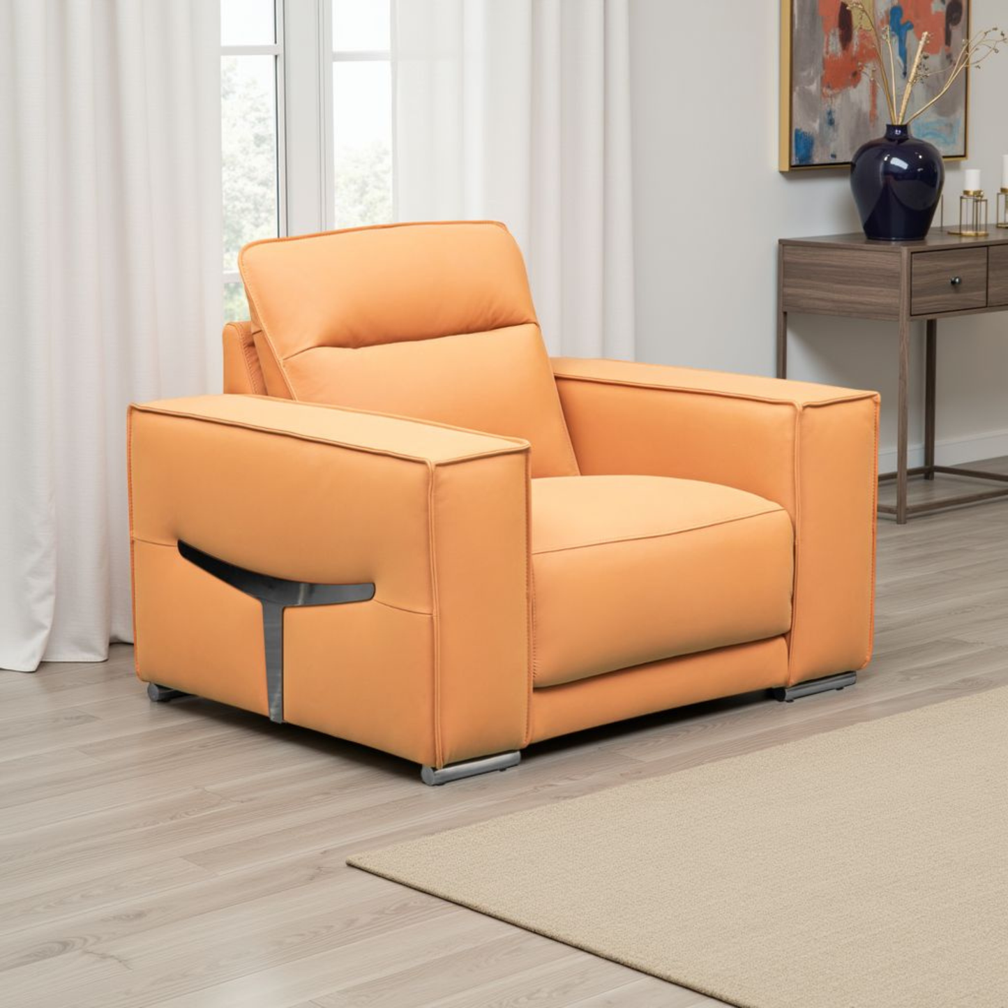 Klaussner Grazia Orange Leather Chair with Track Arms