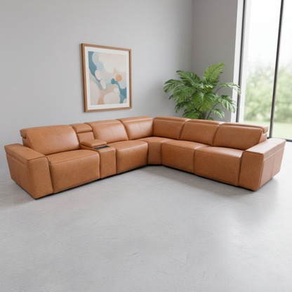 Klaussner Lorenzo Leather 6-Piece Recliner Sectional With Power Footrest & Headrest