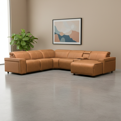 Klaussner Lorenzo Leather 6-Piece Recliner Sectional With Power Footrest & Headrest