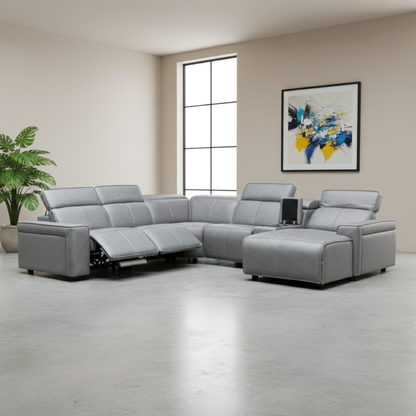 Klaussner Lorenzo Leather 6-Piece Recliner Sectional With Power Footrest & Headrest