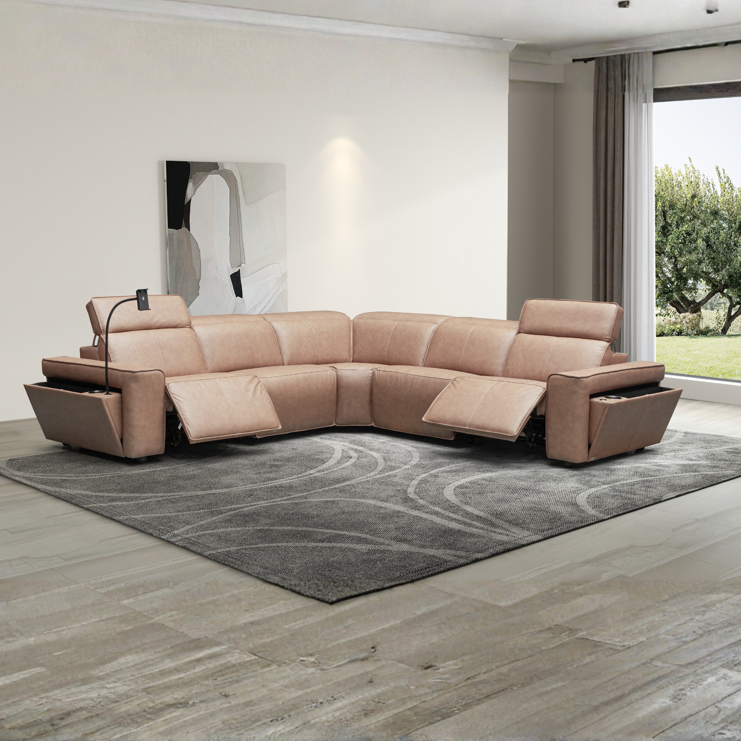 Klaussner Lorenzo Leather 6-Piece Recliner Sectional With Power Footrest & Headrest