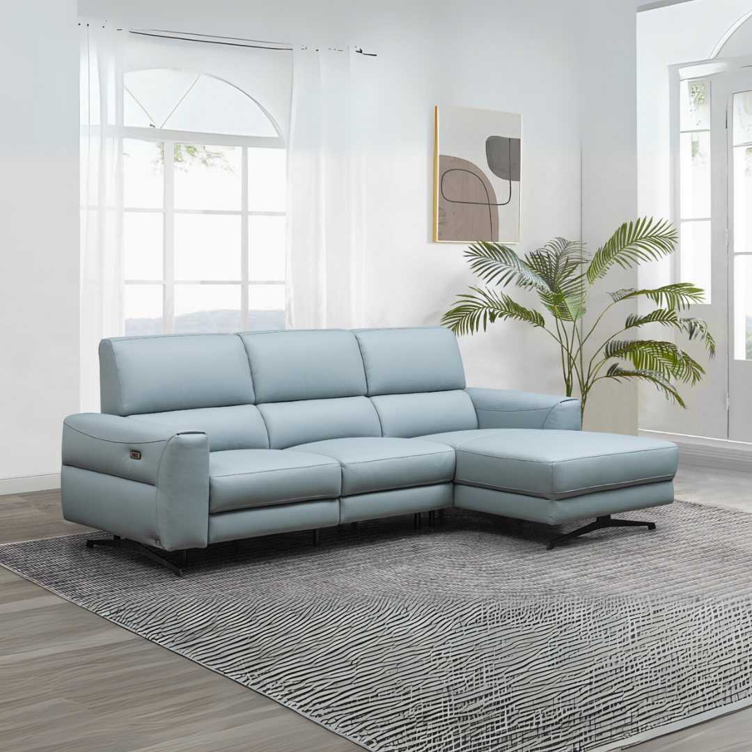 Klaussner Milano 3-seater blue power recliner sectional sofa with chaise in modern living room setting for comfort design furniture