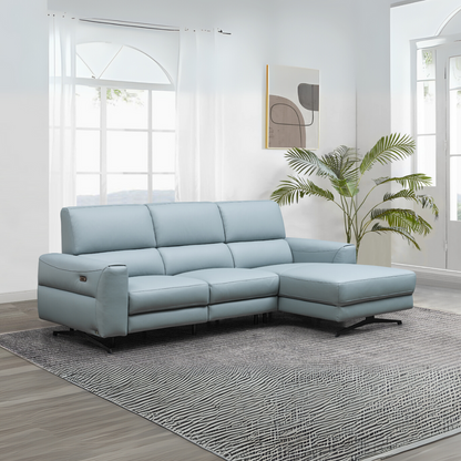 Klaussner Milano 3-seater blue power recliner sectional sofa with chaise in modern living room setting for comfort design furniture