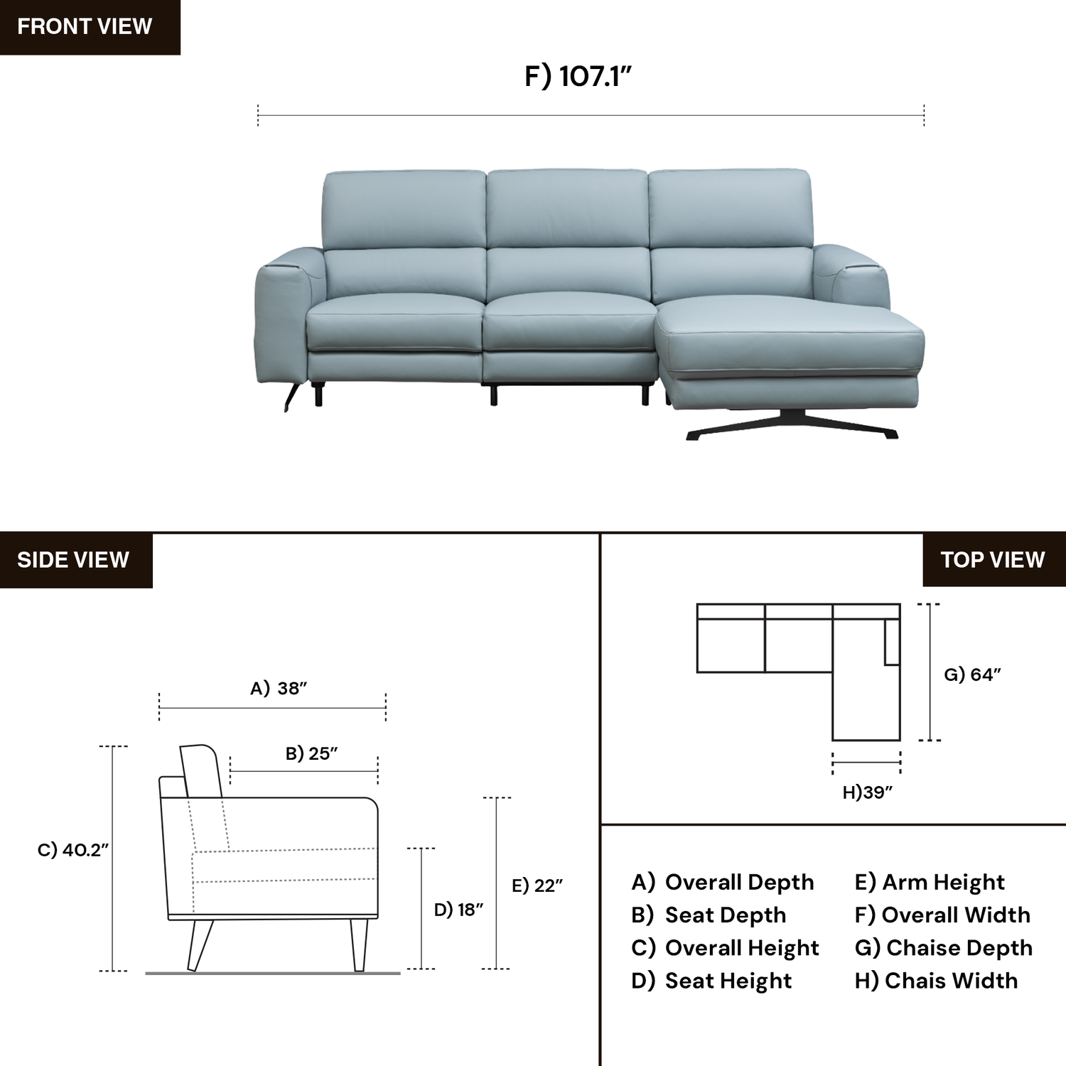 Dimension diagram for Klaussner Milano 3-Seater Blue Power Recliner Sofa with Chaise for comfort design furniture