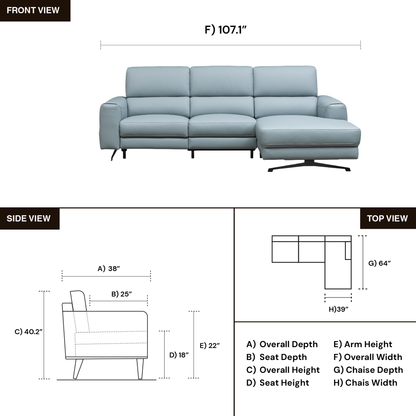Dimension diagram for Klaussner Milano 3-Seater Blue Power Recliner Sofa with Chaise for comfort design furniture