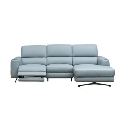 Blue leather Milano sectional sofa showing power reclining mechanism and adjustable headrests for comfort design furniture