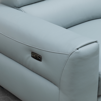 Milano sectional sofa chaise lounge section in blue leather with power reclining feature for comfort design furniture