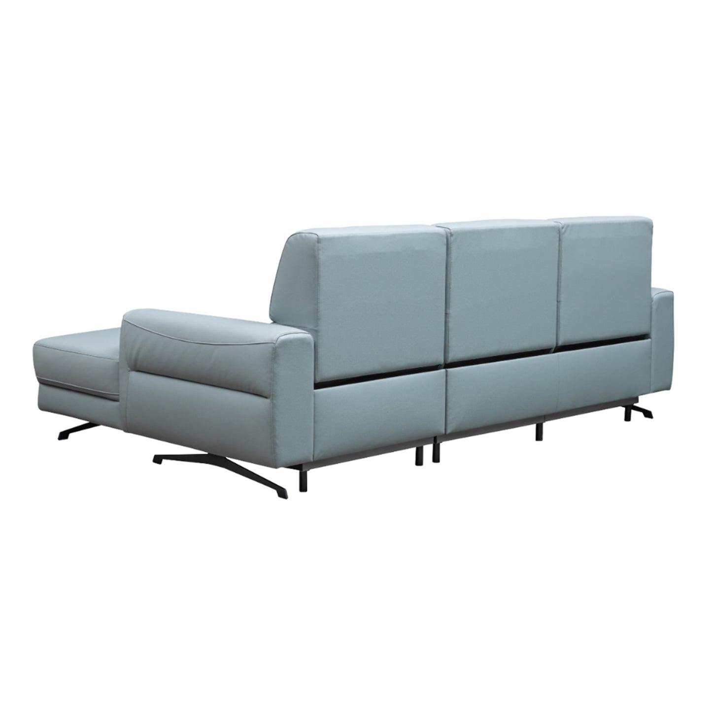 Milano blue power recliner sectional with chaise - side angle view showing L-shaped configuration for comfort design furniture 