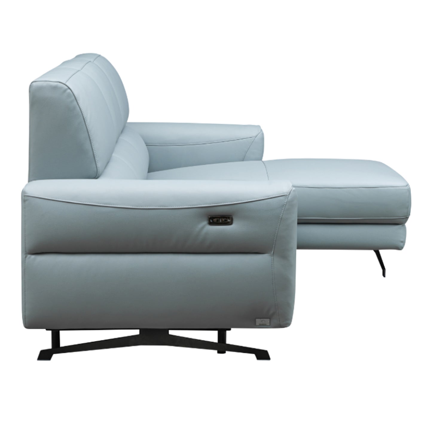 Close-up view of power recliner controls and USB charging port on Milano blue leather sectional for comfort design furniture