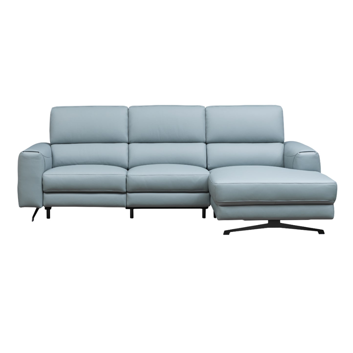 Close-up detail of blue leather upholstery and stitching on Klaussner Milano sectional sofa for comfort design furniture