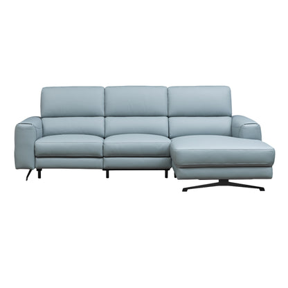 Close-up detail of blue leather upholstery and stitching on Klaussner Milano sectional sofa for comfort design furniture