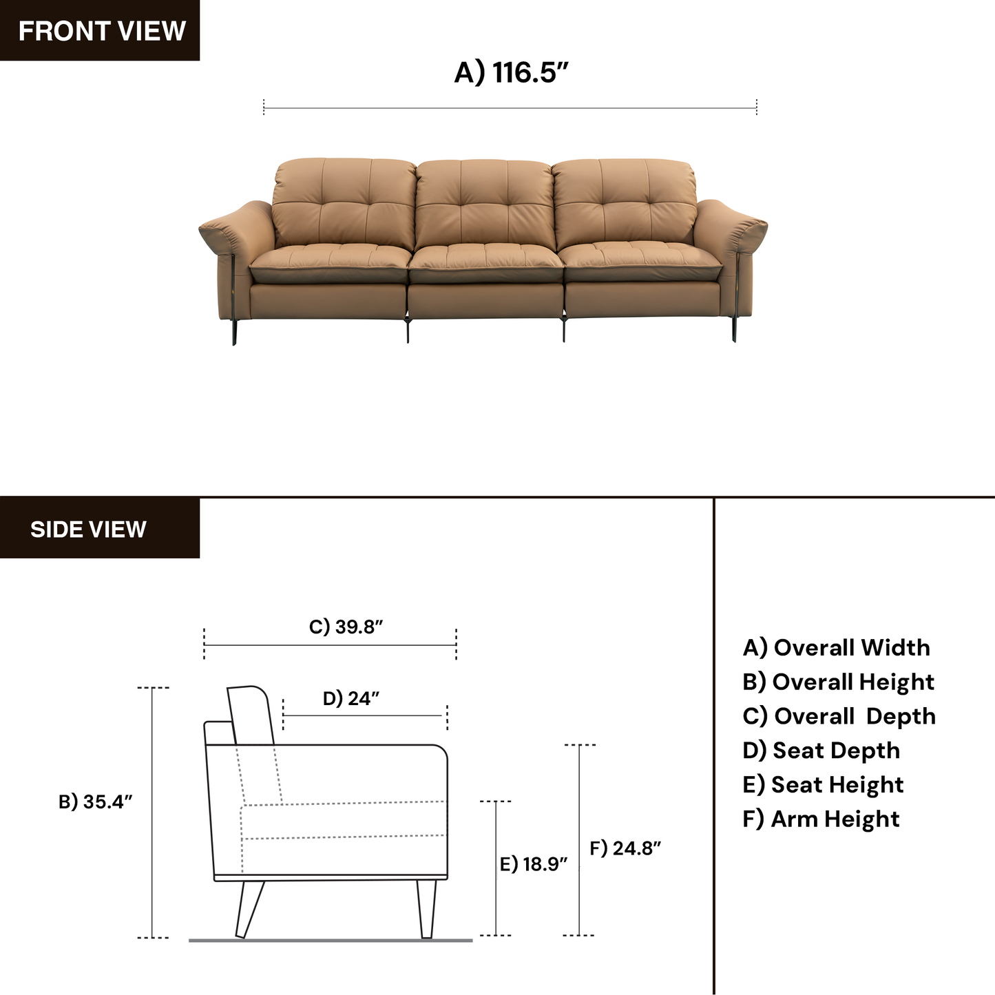 Klaussner Morbido Leather 3 Seater Tufted Back Stationary Sofa