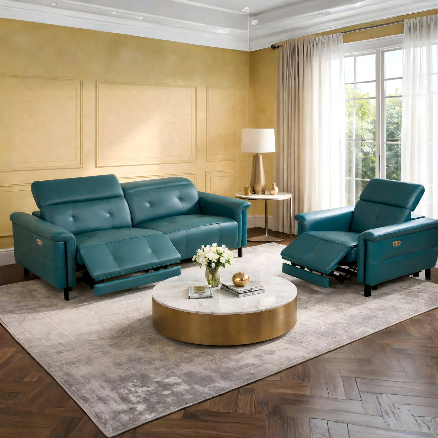Klaussner Oliviana Green Leather Power Motion Recliner Sofa Set