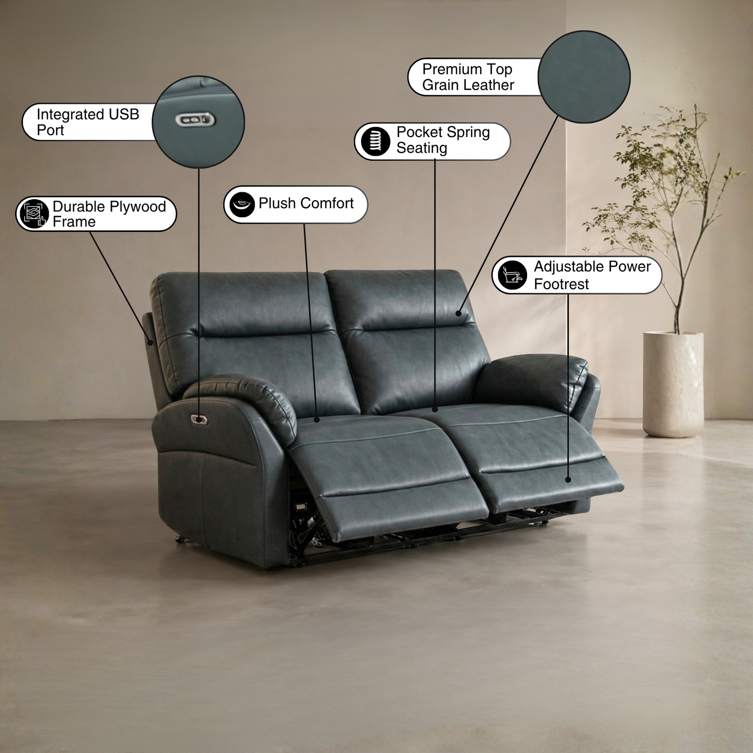 Klaussner Riverton Leather Reclining Loveseat with USB Port-Comfort Design Furniture