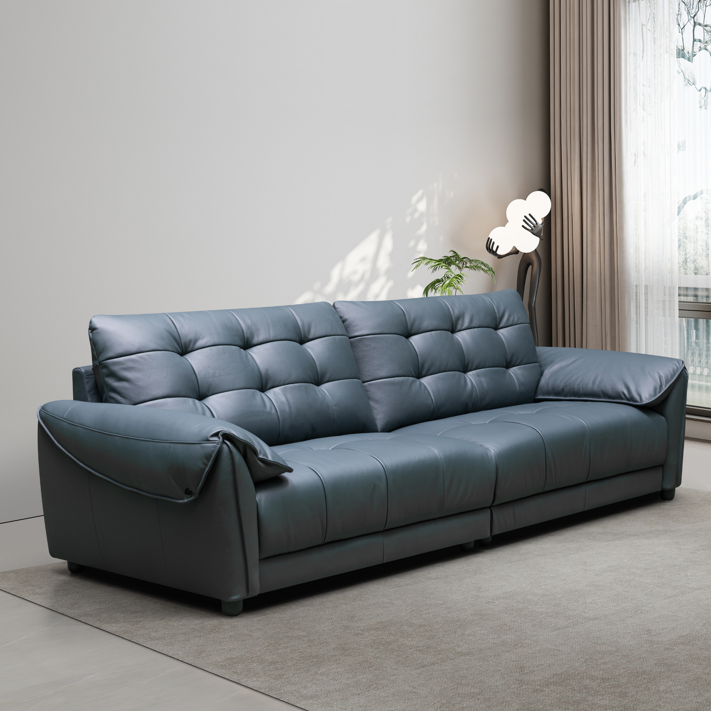 Klaussner Sofiano Blue Leather Sofa With Plush Back Support