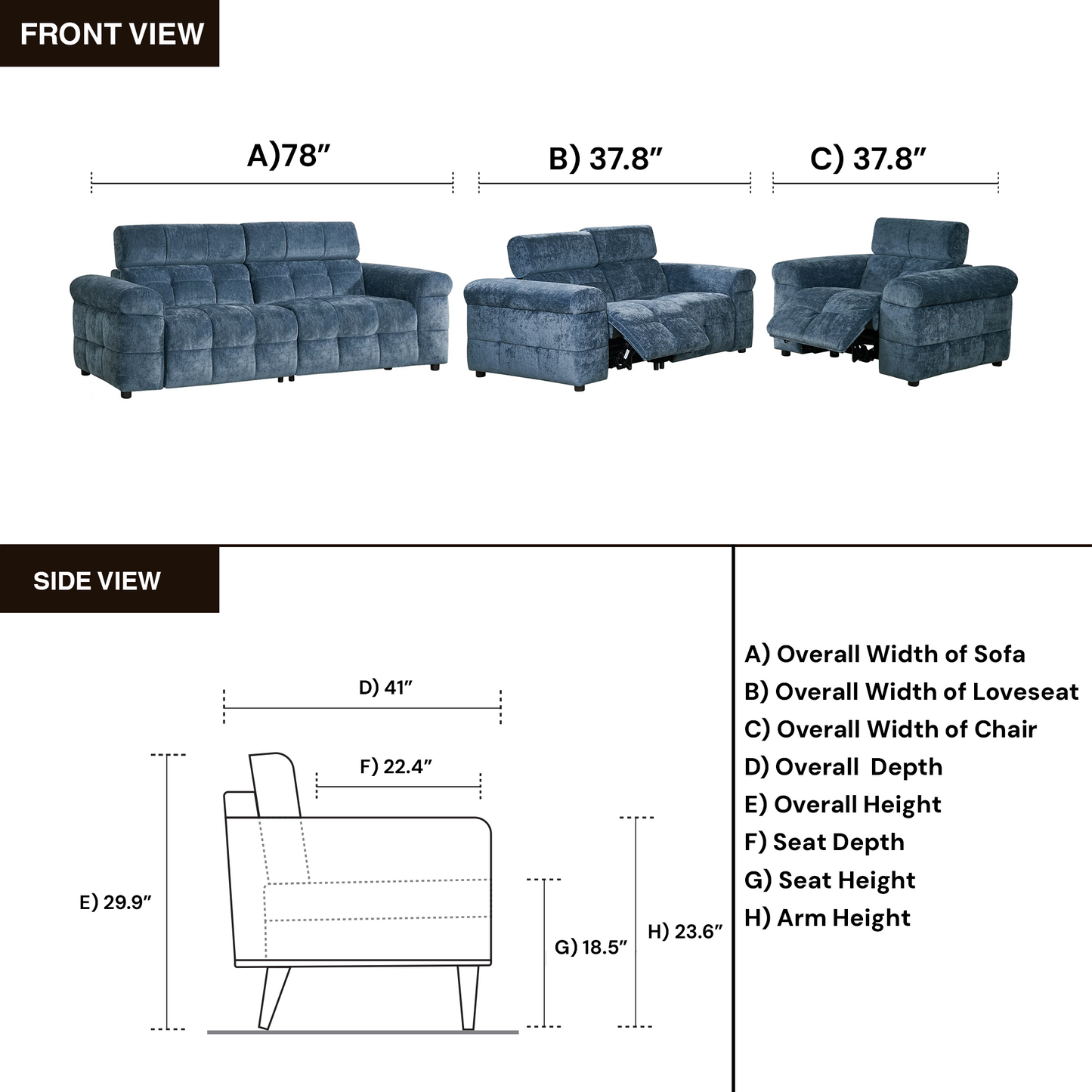 Klaussner Sovix 3-Piece Blue Fabric Power Reclining Living Room Set