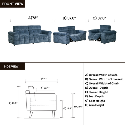 Klaussner Sovix 3-Piece Blue Fabric Power Reclining Living Room Set