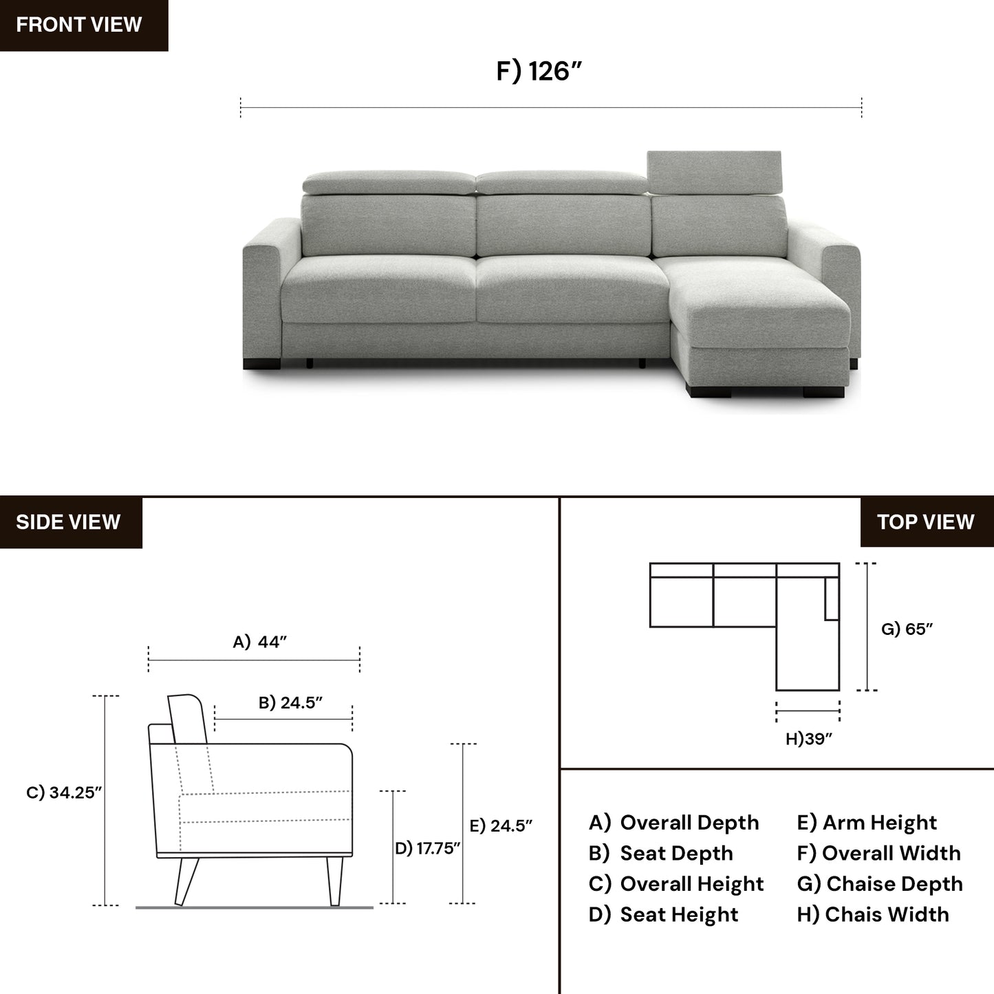 Luonto Elliot Fabric Reversible Chaise Sleeper Sectional Sofa (King/Queen)
