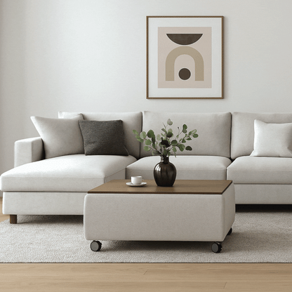Modern rectangular coffee table with fabric base, wooden top, and rolling caster wheels – functional contemporary living room furniture