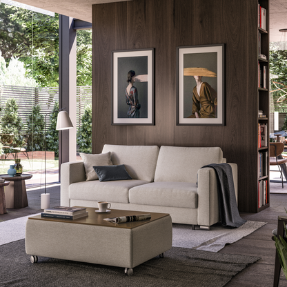 Modern rectangular coffee table with beige fabric base, wooden top, and rolling caster wheels – functional contemporary living room furniture