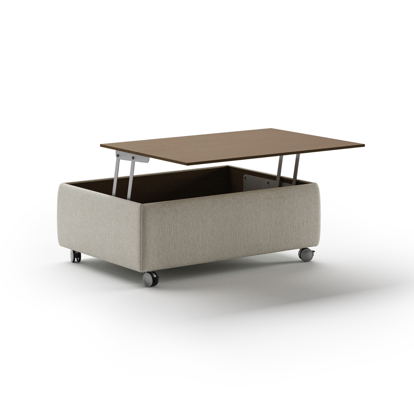 Modern rectangular coffee table with fabric base, wooden top, and rolling caster wheels – functional contemporary living room furniture