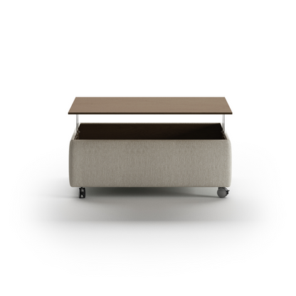 Modern rectangular coffee table with fabric base, wooden top, and rolling caster wheels – functional contemporary living room furniture