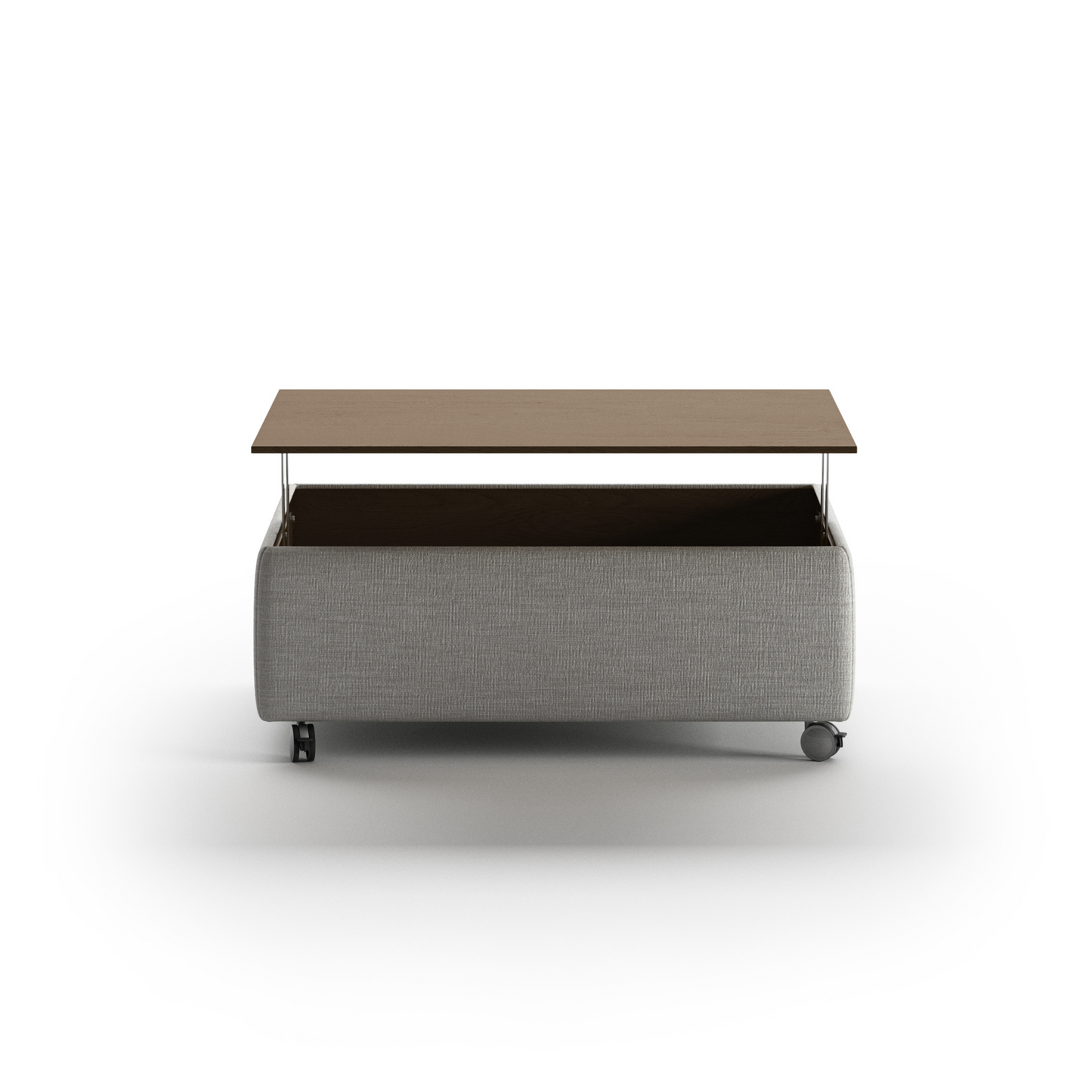 Modern rectangular coffee table with fabric base, wooden top, and rolling caster wheels – functional contemporary living room furniture
