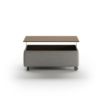 Modern rectangular coffee table with fabric base, wooden top, and rolling caster wheels – functional contemporary living room furniture