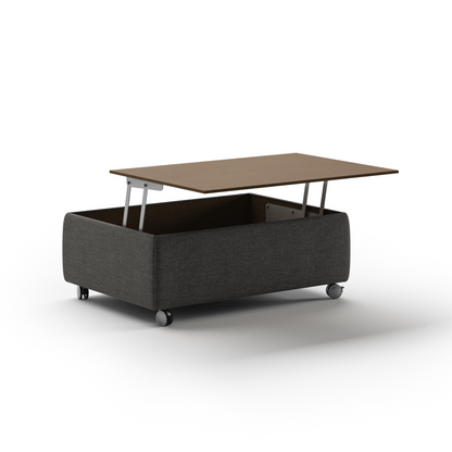 Modern rectangular coffee table with fabric base, wooden top, and rolling caster wheels – functional contemporary living room furniture