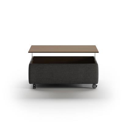 Modern rectangular coffee table with fabric base, wooden top, and rolling caster wheels – functional contemporary living room furniture