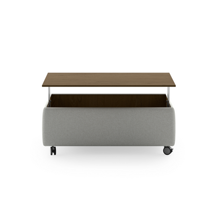 Modern rectangular coffee table with fabric base, wooden top, and rolling caster wheels – functional contemporary living room furniture