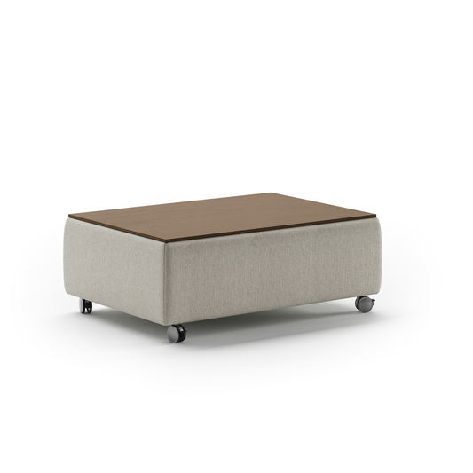 Modern rectangular coffee table with beige fabric base, wooden top, and rolling caster wheels – functional contemporary living room furniture.