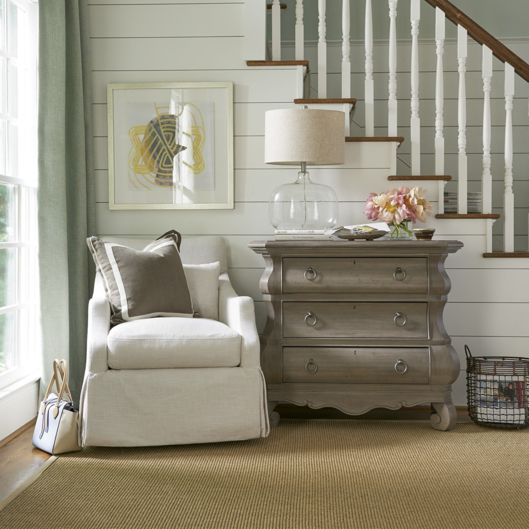Margaux Accent Chair in cream fabric with plush cushions and skirted base – modern comfort furniture