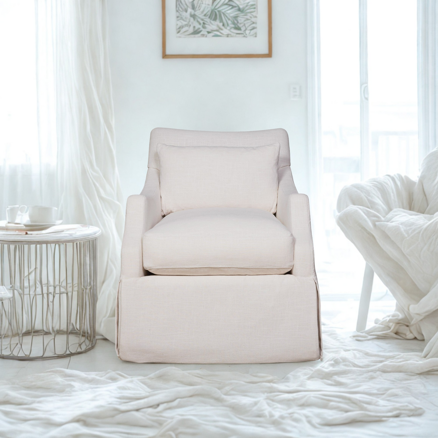 Margaux Accent Chair in cream fabric with plush cushions and skirted base – modern comfort furniture