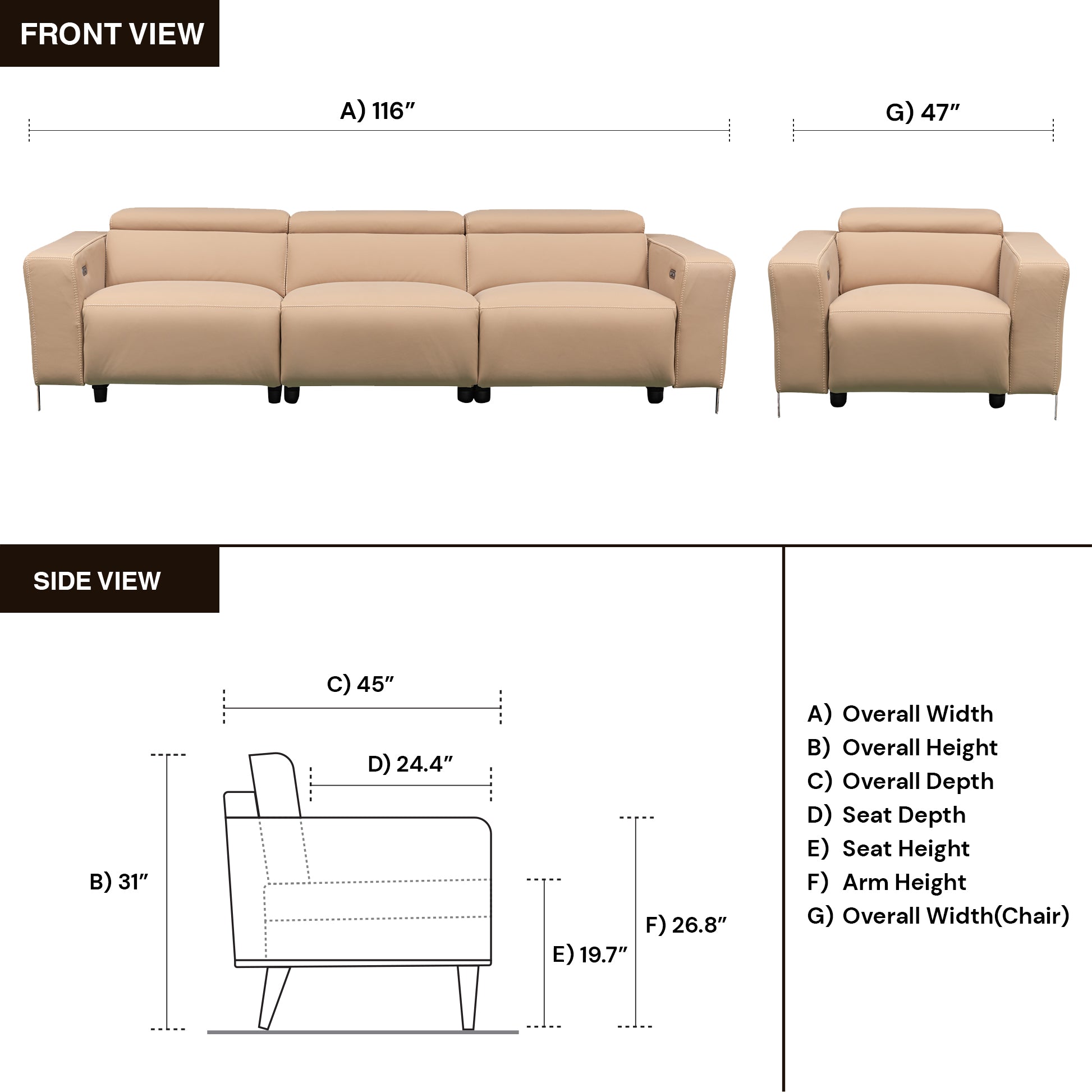 Klaussner Luca Power Reclining Leather 3-Seater Sofa With Chair