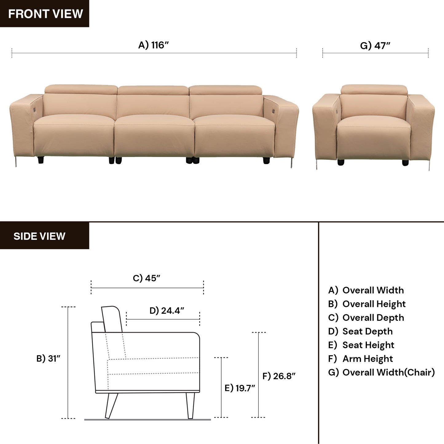 Klaussner Prestigio 3-Seater Leather Power USB Reclining Sofa in Italian Design